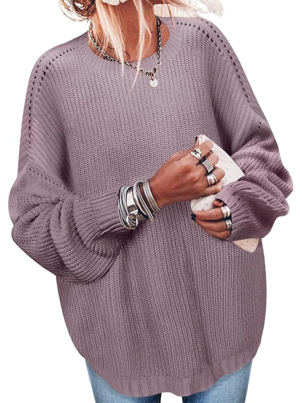 Women's Dusty Pink Fashion Oversized Casual Knit Ribbed Pullover Tunic Tops